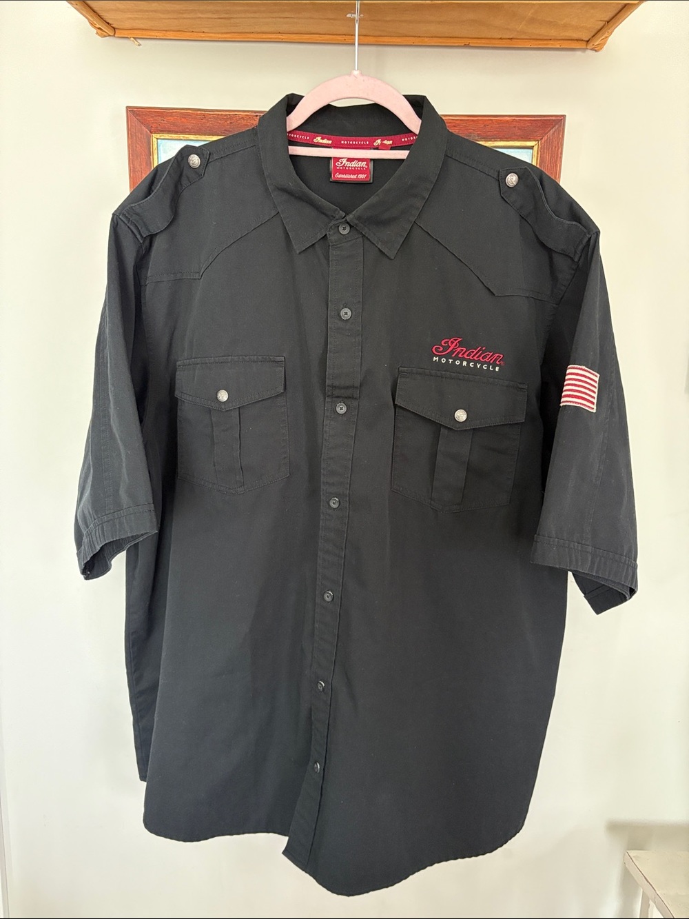 Indian Motorcycle Black Short-Sleeve Button-Down Shirt Embroidered Mens 2XL